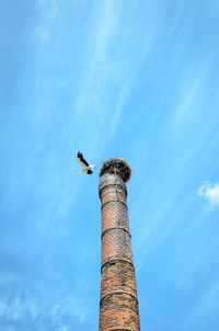 Low angle view of white stork flying over smoke stack against blue sky
