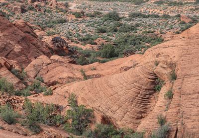 High angle view of rock formations on land