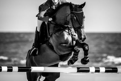 Man riding horse in sea against sky