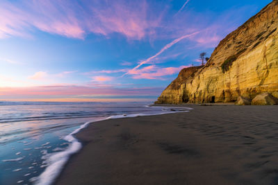 Scenic view of beach against sky during sunset