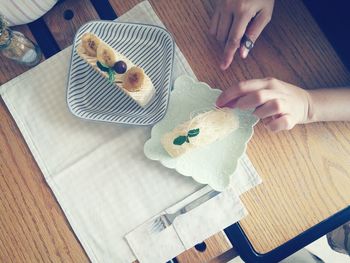 High angle view of breakfast on table