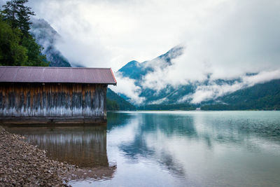 Scenic view of lake by mountains against sky