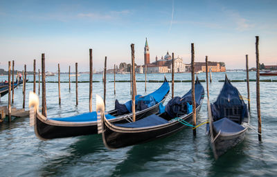 Venice gondolas moored at the san marco square in venice