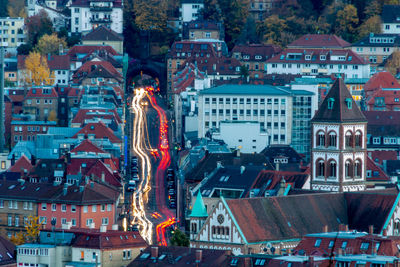 High angle view of city buildings at night