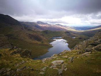 Scenic view of river amidst mountains against sky