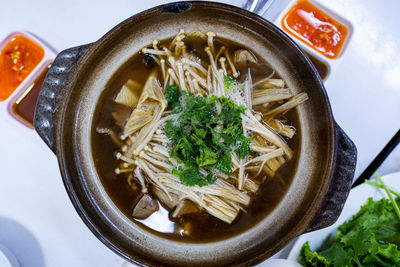 High angle view of soup in bowl on table