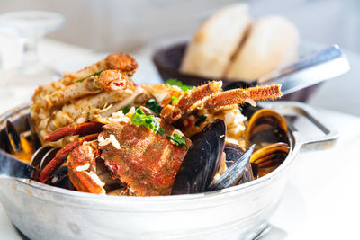 Close-up of meal served in container on table