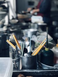 Close-up of kitchen utensils on counter at home