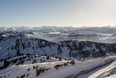 Scenic view of snow covered mountains against sky