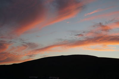 Low angle view of silhouette mountain against dramatic sky