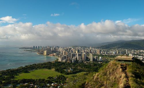 Panoramic view of sea and buildings against sky