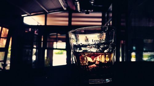 Close-up of beer glass on table