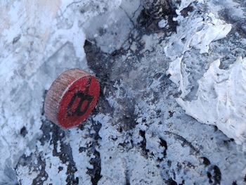 High angle view of snow on rock