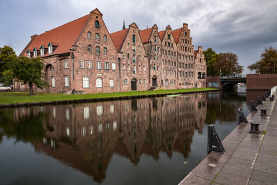 Reflection of building on lake against sky