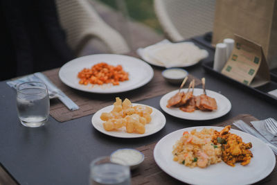 High angle view of breakfast on table