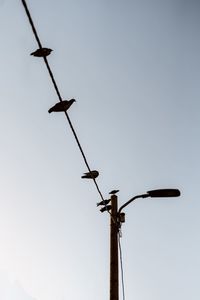 Low angle view of street light with birds against clear sky