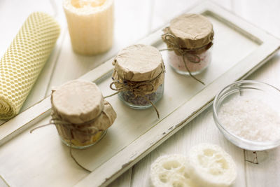 High angle view of dessert on table