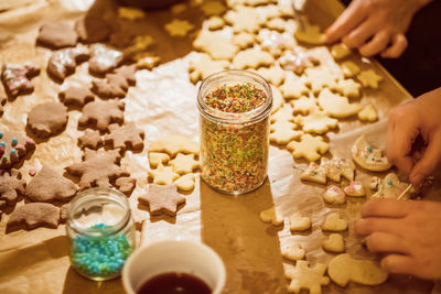 High angle view of person preparing food on table