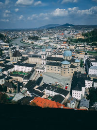 High angle shot of townscape against sky