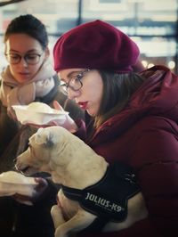 High angle view of woman with dog