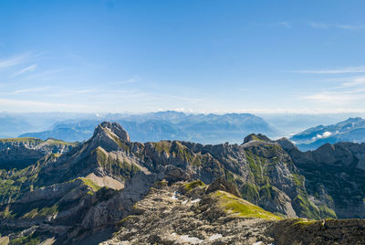 Scenic view of mountains against cloudy sky