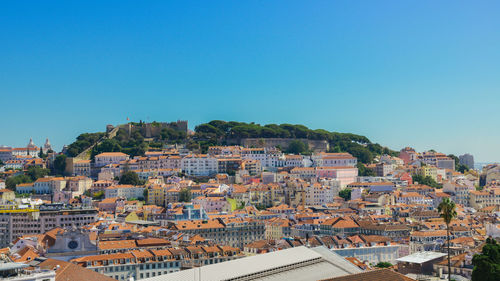 Aerial view of townscape against clear blue sky