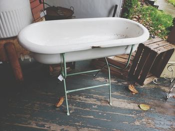High angle view of empty bathtub on porch