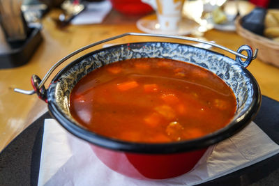 High angle view of soup in bowl on table