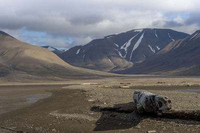 Scenic view of lake by mountains against sky