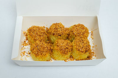 High angle view of bread in box on table