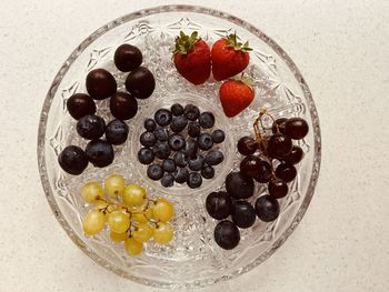 Overhead -  fruit in ornate glass circular dish. blueberries, cherries, strawberries, plums, grapes. 