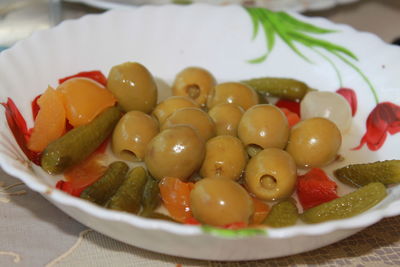 Close-up of fruits in plate on table
