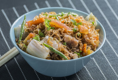 High angle view of food in bowl on table