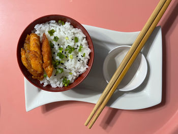 High angle view of food in plate on table