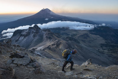 One man climbing iztaccihuatl volcano in mexico