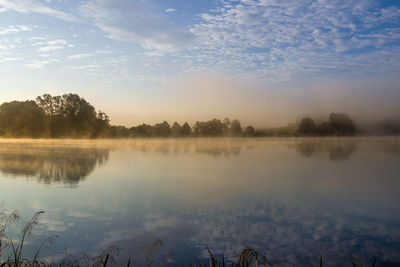 Early summer morning at the pond with a film of mist