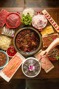 High angle view of food on table