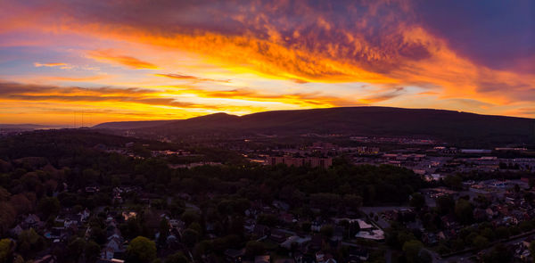 High angle view of townscape against sky during sunset