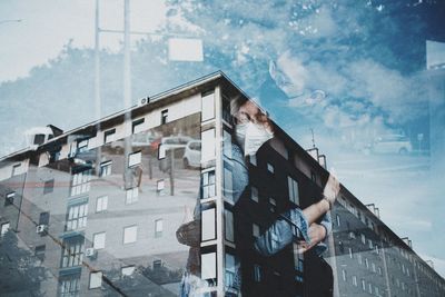 Digital composite image of woman standing by building in city