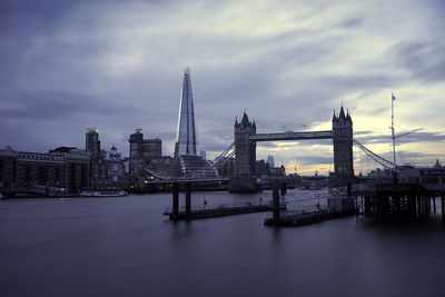 Bridge over river with buildings in background