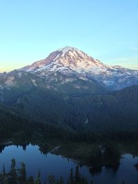 Scenic view of mt rainier against blue sky