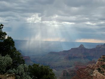 Scenic view of rainbow over landscape against sky