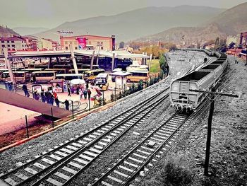 High angle view of train at railroad station