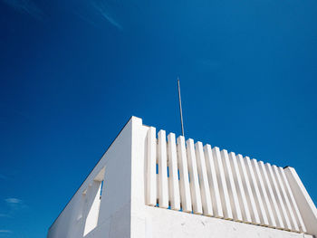 Low angle view of building against clear blue sky