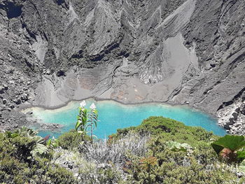 High angle view of lake and mountains