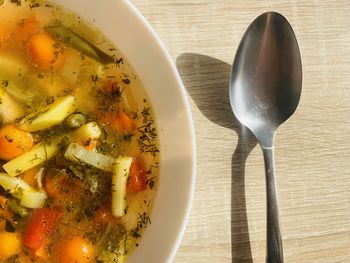 High angle view of soup in bowl on table