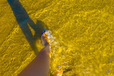 Low section of woman walking yellow water