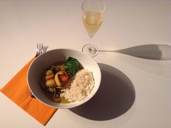 Close-up of food served on table