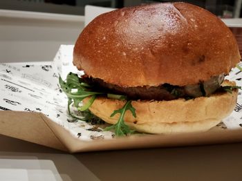 Close-up of burger on table