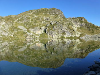 Scenic view of lake against clear blue sky